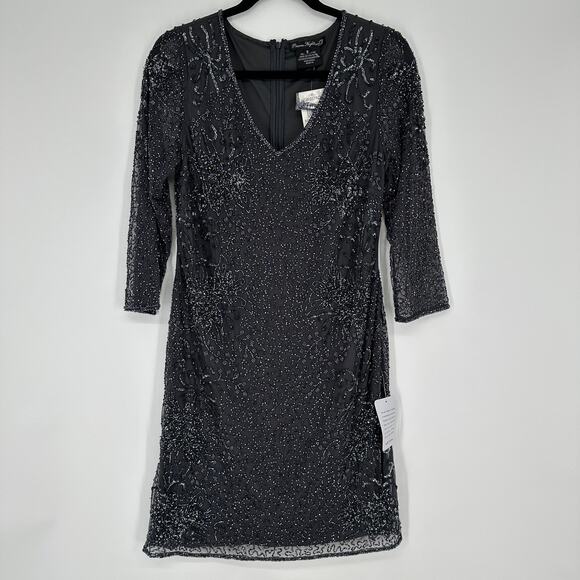 Pisarro Nights Beaded V-Neck Grey 3/4 Sleeve Cocktail Formal Dress Womens 8 - Picture 2 of 10